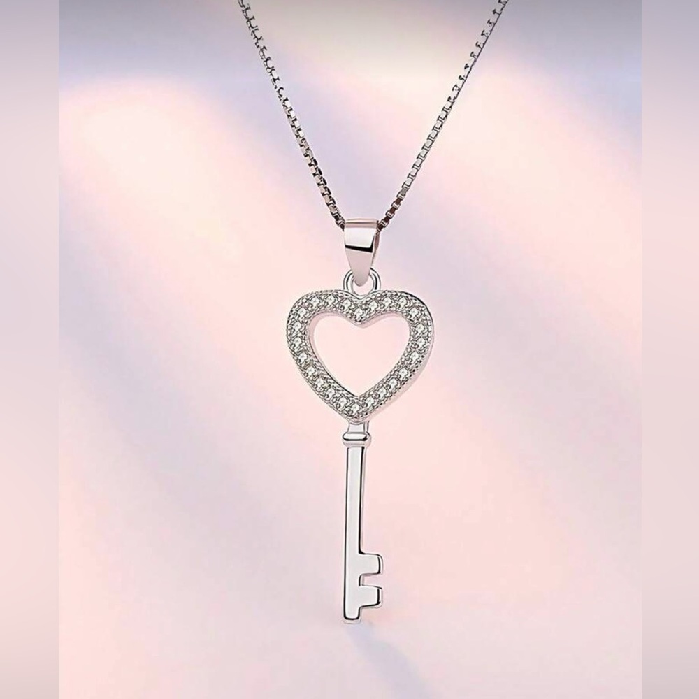 Silver Tone Heart Key Pendant Necklace - Picture 3 of 4